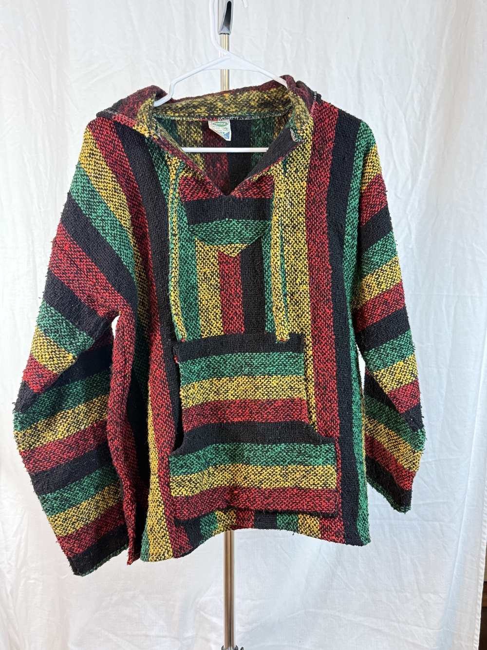 Emisa Striped Baja Hoodie Knit Sweater in Black, Red, Green & Yellow sz Medium